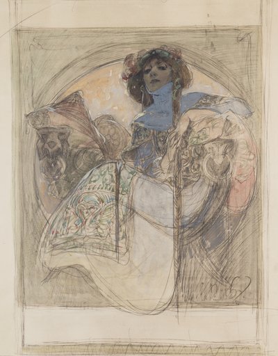座る女–ポスターのための研究、1897 作： Alphonse Mucha