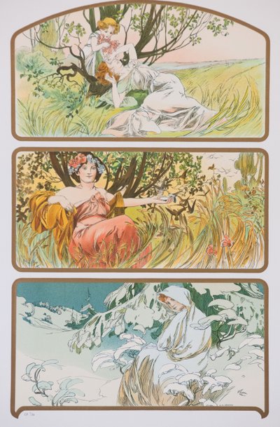 スリーシーズンズ、c。 1898年。 作： Alphonse Mucha