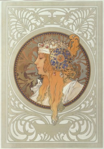 ビザンチンの頭：ブロンド 作： Alphonse Mucha