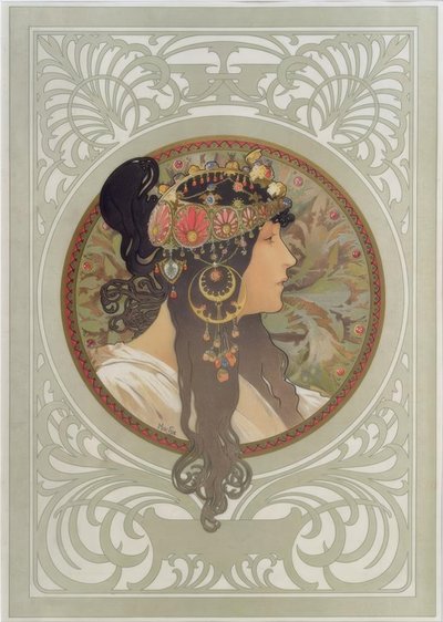 ビザンチンの頭：ブルネット 作： Alphonse Mucha