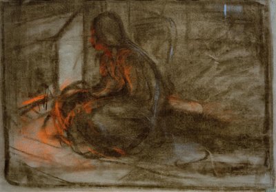 焚き火の前に座る女性 作： Alphonse Mucha