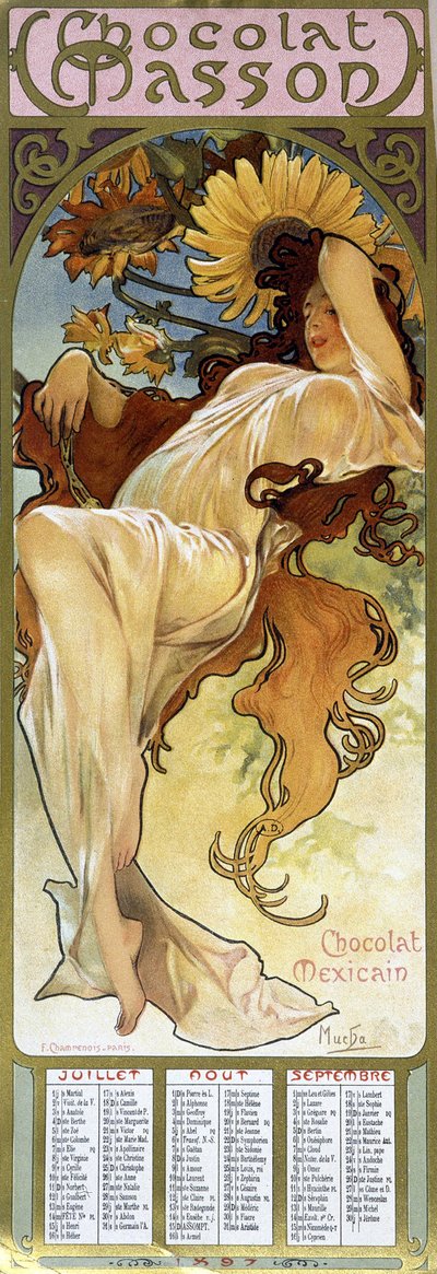 秋の気分の女性 - ミュシャ作、カレンダー「Chocolat Mexicain Chocolat Masson」、1897年7月、8月、9月。 作： Alphonse Mucha