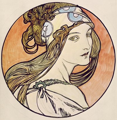スカーフを持つ女性 作： Alphonse Mucha