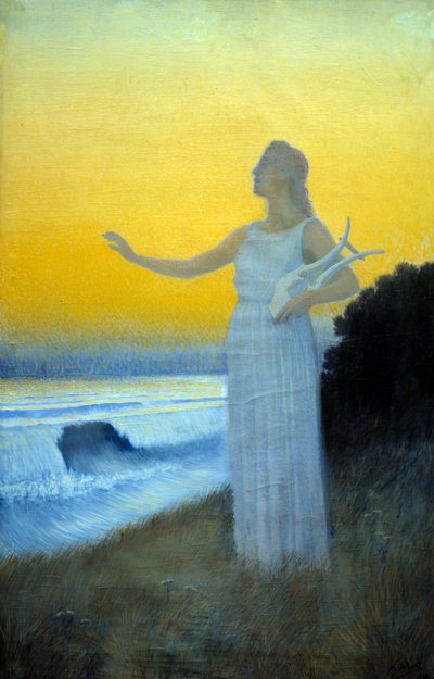 Anthem to the Sea 海に向かって竪琴を持つ若い女性。古代ギリシャの詩人サフォーを彷彿とさせるキャラクター。アルフォンス・オスベール（1857-1939）による絵画 1900年 個人蔵 作： Alphonse Osbert