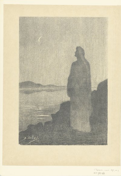 水辺に立って月を見る女性 夜の夢 Reverie dans la nuit レプルーヴ（シリーズタイトル） 作： Alphonse Osbert