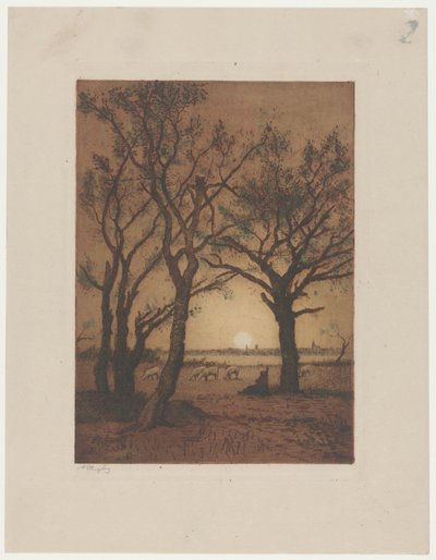 日没時の羊のいる風景 ドレンテの羊のいる夕景 作： Alphonse Stengelin (signed by artist)