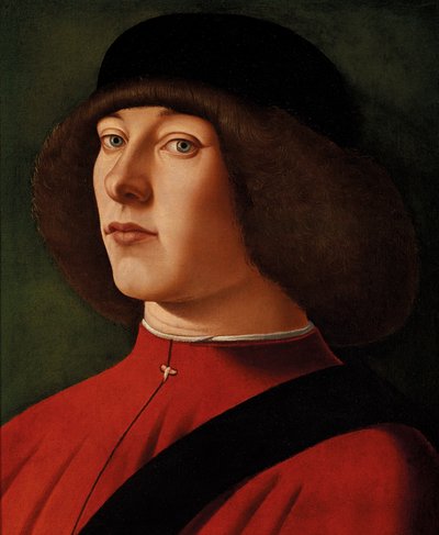 緑色の背景を持つ、バストの長さの男性の肖像画 作： Alvise (and workshop) Vivarini