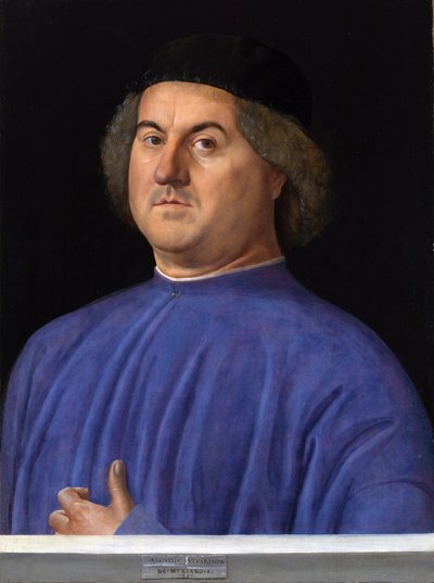 「男の肖像」 青いチュニックを着たブルジョワ - アルヴィーゼ・ヴィヴァリーニの絵画 (1446 年頃 - 1505 年頃) 1497 ロンドン ナショナル ギャラリー 作： Alvise Vivarini