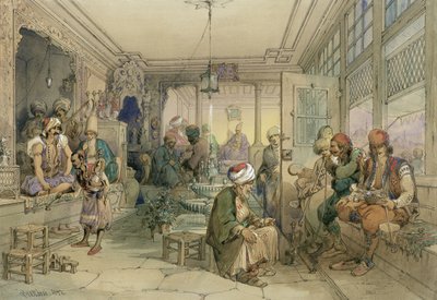コーヒーハウス、コンスタンチノープル、1854年（紙にペンとインクとトイレ） 作： Amadeo Preziosi
