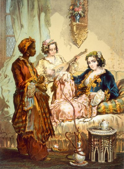 ザ・カップ・オブ・コーヒーコーヒーを飲みながらハブルブルを吸う二人の女性、パブ。1865. 作： Amadeo Preziosi