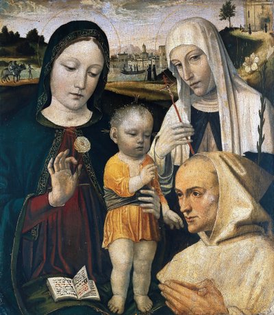 聖母子像、シエナの聖カタリナとカルトゥジオ会の修道士、1490年頃 作： Ambrogio Bergognone
