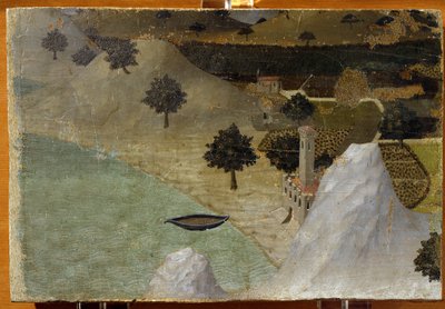 湖畔に立つ城 - パネルにテンペラ 作： Ambrogio Lorenzetti