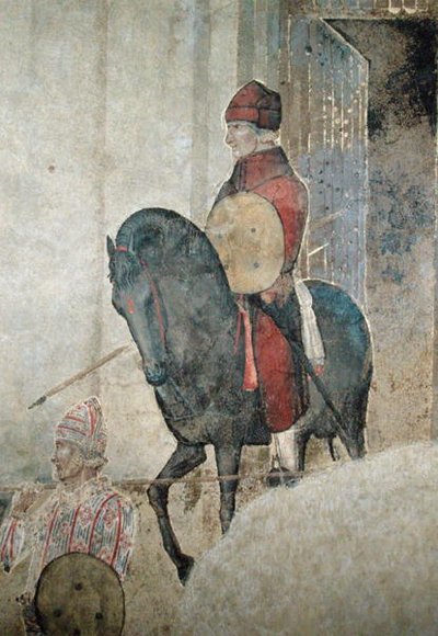 悪い政府の寓意、武装した騎手のディテール 作： Ambrogio Lorenzetti