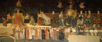 善政の寓意」の詳細 アンブロジオ・ロレンツェッティ（活動時期：1285年～1348年）の「町と国における善政と悪政の寓意と影響」のフレスコ画、シエナの公会堂の平和の間 作： Ambrogio Lorenzetti