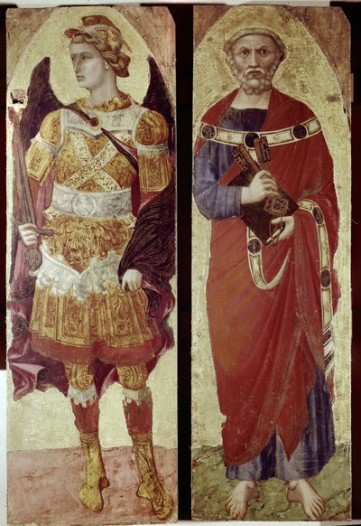 大天使ミカエルと聖ペテロ、ポリプティックの詳細（木にテンペラ 作： Ambrogio Lorenzetti