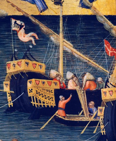 ボート、小麦の奇跡の詳細、バーリの聖ニコラスの奇跡 作： Ambrogio Lorenzetti