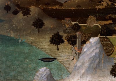 湖畔の城、アンブロジオ・ロレンツェッティ（1290-1348年頃）作、木にテンペラ、22,5x33cm 作： Ambrogio Lorenzetti