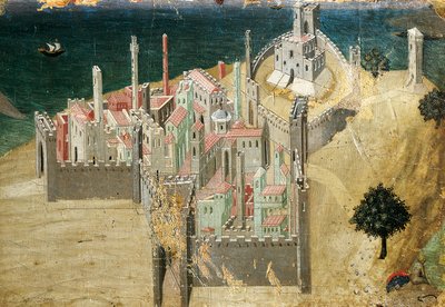 海辺の街」 アンブロジオ・ロレンツェッティ（1290-1348年頃） 木にテンペラと金、22.5x33.5cm 作： Ambrogio Lorenzetti