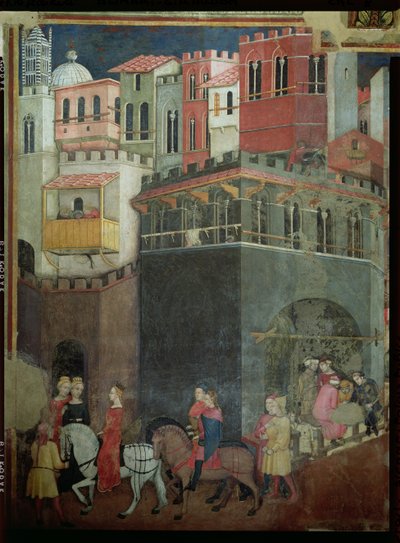 都市における善き政府の影響、建築と市民の詳細、1338-40 作： Ambrogio Lorenzetti