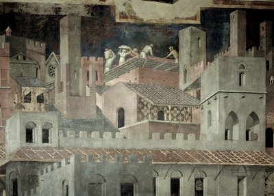 都市における善政の効果、家の建築と構造の詳細 作： Ambrogio Lorenzetti
