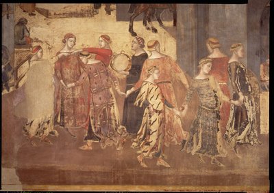 市における善き政府の影響、ダンサーとタンバリン奏者の詳細、1338-40 作： Ambrogio Lorenzetti