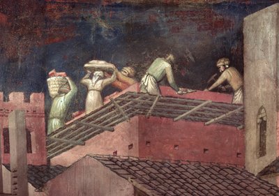 都市における善政の効果、家を建てる労働者のディテール 作： Ambrogio Lorenzetti