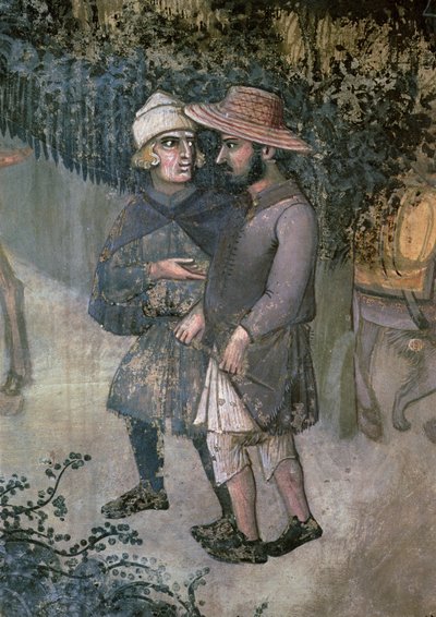 田舎での善政の効果、二人の男が歩きながら話しているディテール 作： Ambrogio Lorenzetti