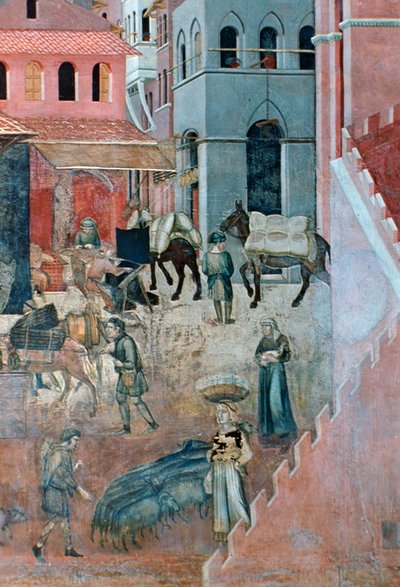 都市生活に対する善政の影響、詳細、1338-1340 作： Ambrogio Lorenzetti