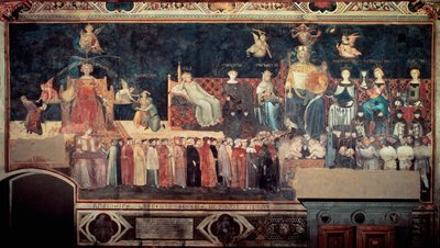 都市と地方に対する善悪の政府の影響（Allegoria del buon e del cattivo governo）：善良な政府を表す細部（平和、マグナニミート、慎重、節制、正義のアレゴリー）。アンブロジオ・ロレンツェッティ（1290-1348）によるフレスコ画。 作： Ambrogio Lorenzetti