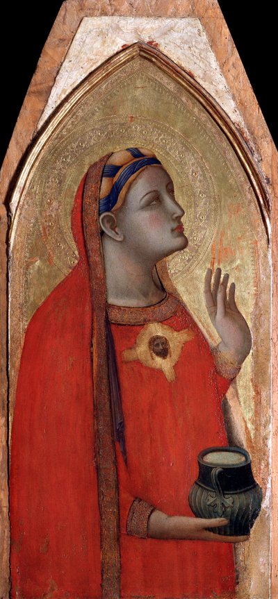 マグダラのマリア（聖母子像のポリプティクの左パネル） - パネルにテンペラと金箔 作： Ambrogio Lorenzetti