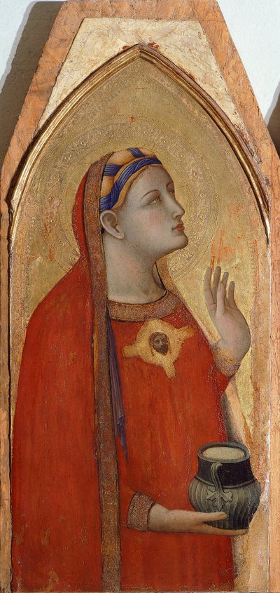 アンブロジオ・ロレンツェッティ(1290-1348年頃)作「マグダラのマリアと聖ドロテアを抱く聖母子」三幅図の細部、木部に油彩 作： Ambrogio Lorenzetti