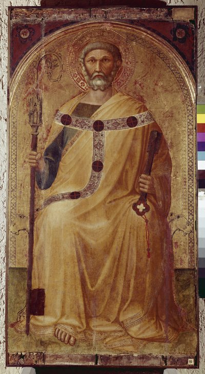 セント・ピーターアンブロジオ・ロレンツェッティ（1290-1348）の絵画。木に描く。ロッカルベーニャ（グロッセート）、聖ペテロとパウロの教会 作： Ambrogio Lorenzetti