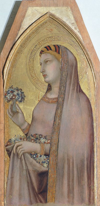 聖ドロテア、アンブロジオ・ロレンツェッティ（1290年～1348年頃）の「聖母子とマグダラのマリアと聖ドロテアを描いた三幅図」の細部、木部に油彩 作： Ambrogio Lorenzetti