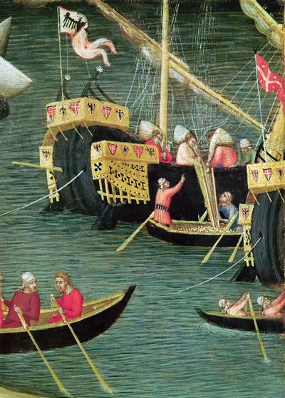 聖ニコラスは飢饉からミラを救う、船の詳細、c.1327-32（パネル上のテンペラ） 作： Ambrogio Lorenzetti