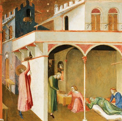 聖ニコラスが3人の貧しい少女に持参金を与える場面、Ambrogio Lorenzetti（1290年～1348年頃）作「バーリの聖ニコラスの奇跡」の詳細、木にテンペラ 作： Ambrogio Lorenzetti