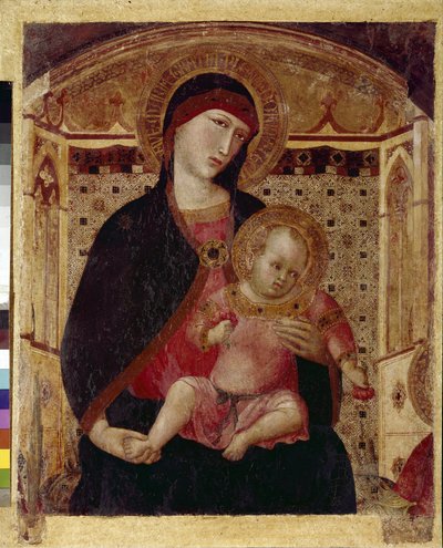 聖母子像-聖ペテロと聖パウロを伴う聖母の三連画の中央部分（木にテンペラ 作： Ambrogio Lorenzetti