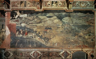 田舎（「都市と田舎におけるグッドガバナンスの効果」の詳細） - Ambrogio Lorenzetti (1285-1348?) のフレスコ画 , 390x810 cm 作： Ambrogio Lorenzetti