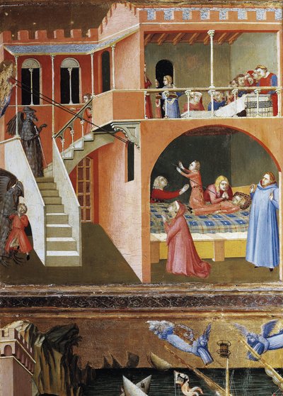 死んだ子供の蘇生。聖ニコラスの生涯からの場面（木にテンペラ 作： Ambrogio Lorenzetti