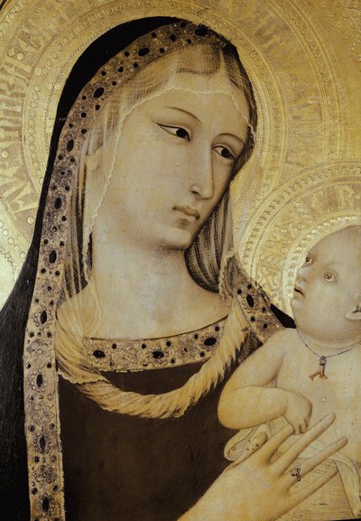 聖母子像、細部聖検事のトリプティク（木にテンペラ 作： Ambrogio Lorenzetti