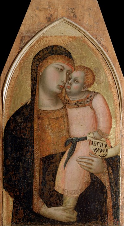 聖母と子供（ポリプティックの中央パネル） - パネルにテンペラと金彩 作： Ambrogio Lorenzetti