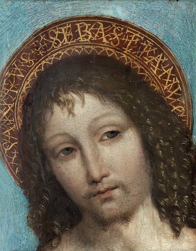 Saint Sebastian - Ambrogio Stefani da Fossano による絵画、dit il Bergognone または Borgognone (Le Bouguignon) (1453-1523)、木に油彩 (23x18 cm) - Saint Sebastian、Ambrogio Bergognone による木に油彩、15 世紀後半から 16 世紀初頭 -プライベートコレクション 作： Ambrogio da Fossano (c.1460 1523)