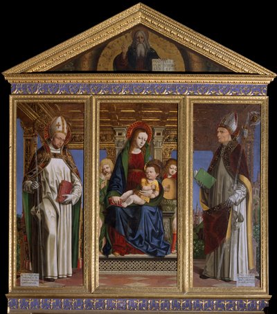 聖人と聖母子 アヴァロンの聖ヒュー（またはリンカーンのヒュー）（1140-1200）とグルノーブルの聖ヒュー（またはシャトーヌフのヒュー）（1053-1132） 絵画：アンブロジオ・ダ・フォッサーノ・ディット・イル・ベルゴニョーネ（1481-1522） カテドラル・サン・ジュスト、スーサ、トリノ 作： Ambrogio da Fossano (c.1460 1523)