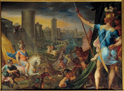 エルサレム前のクロイゼたちの陣地 詩人ル・タッセ（Il tasso）の「La jerusalem delibree」を描いたシリーズ「Histoire de Tancrede et de Clorinde」より アンブロワーズ・デュボア（1542-1614）の絵画 日。1,62 x 2,15 m フォンテーヌブロー。シャトー 作： Ambroise Dubois