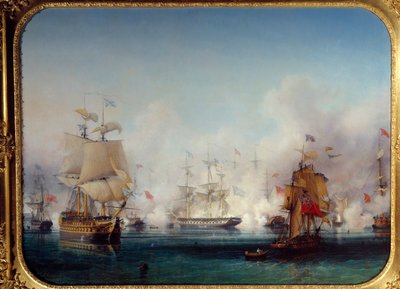 1827年10月20日、1827年のギリシャの独立戦争：ナヴァリンの海軍の戦いの眺め 作： Ambroise Louis Garneray