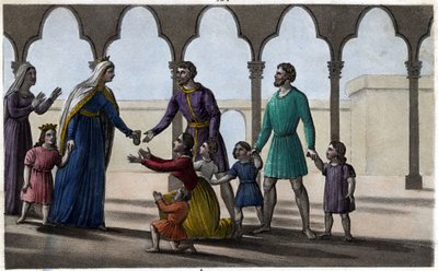 バティルデ（またはクローヴィス2世の妻バティルデ）は、ガリア人が大小の頭ごとに支払っていた高価な貢ぎ物を廃止します。- Chelles Abbey（シェルズ修道院）。1825年にAmbroise Tardieuがデザイン、彫刻したもの。 作： Ambroise Tardieu