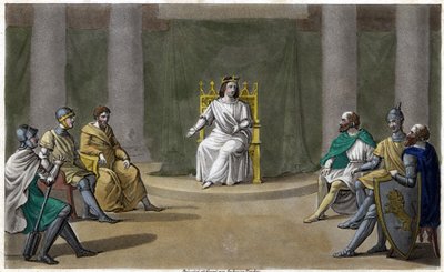パリの王（561年～567年）であるカリベールまたはシェールベールが、正義を行う場所で相談に乗っている様子。1825年にAmbroise Tardieuがデザインし、彫刻したもの。 作： Ambroise Tardieu