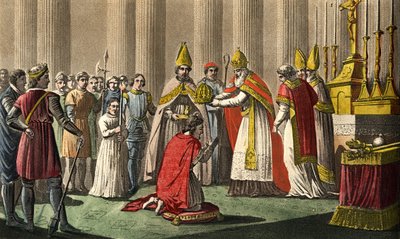 80年12月25日、ローマのサン・ピエトロ大聖堂で教皇レオ3世（c750-816）から戴冠したシャルルマーニュ（742-814） - 800年、教皇レオ3世によるシャルルマーニュ（742-814）の聖なる（戴冠）式。1825年にAmbroise Tardieuがデザイン、彫刻したもの。 作： Ambroise Tardieu