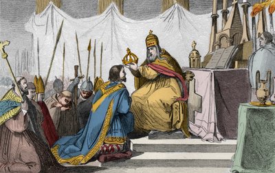 800年12月25日にローマのサンピエトロ寺院で教皇レオ3世（c750-816）から戴冠を受けたシャルルマーニュ（742-814） - 800年に教皇レオ3世から戴冠を受けたシャルルマーニュ（742-814）のサクレ（戴冠式） - 1825年の『フランス史』のエングレーヴィング（共時的絵画で表現）。 作： Ambroise Tardieu