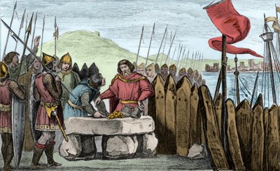 Charles III the Fat (839-88) pays off the Viking invaders in 886 - Charles III 3 le Gros (839-888) 西の皇帝(881-887)とフランスの摂政(884-887)は、ノルマン人と戦うことなくパリの城壁の下で野営し、彼らの引退を買うことを優先した。 作： Ambroise Tardieu