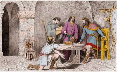 チルデリック1世（d481）と金貨2枚の物語 - チルデリック1世はフランスを離れる前に金貨の半分を持ち帰り、残りの半分をガイマンに渡していた - 約6～8年後、ガイマンはその精霊が持ってきたものを見て、「これは何だ？ 作： Ambroise Tardieu